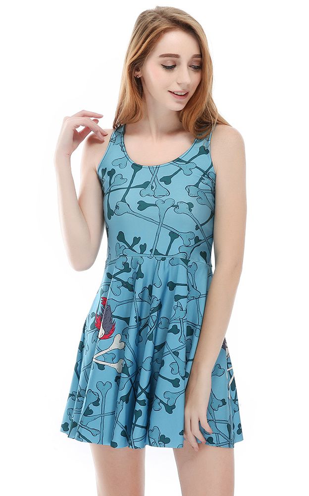 F33101 Product Blue Color Sleeveless Dresses Digital Print Bones Skater Dress